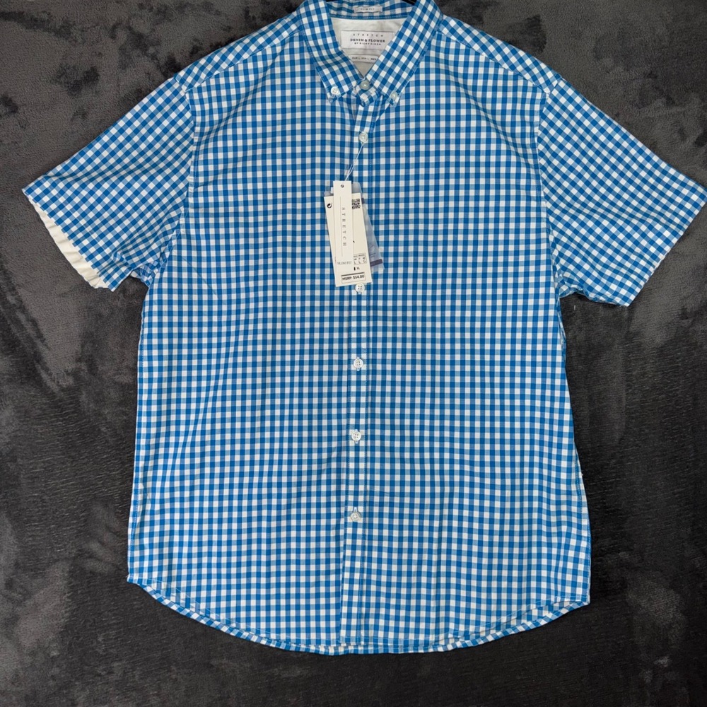 NWT Mens Large Denim & Flower Button Down Blue Slim Fit Gingham Short Sleeve